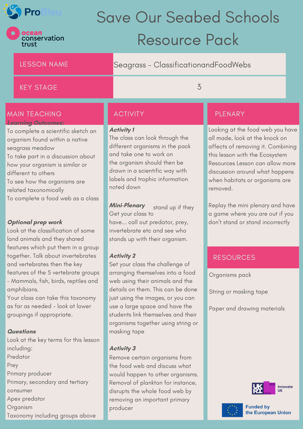 Save our Seabed: Classification and Food web - lesson plan_0