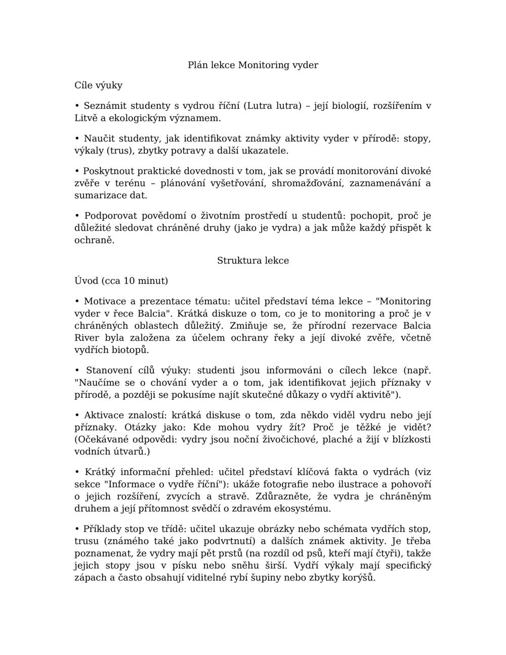 Plán lekce pro monitorování vyder v řece Balcia_0