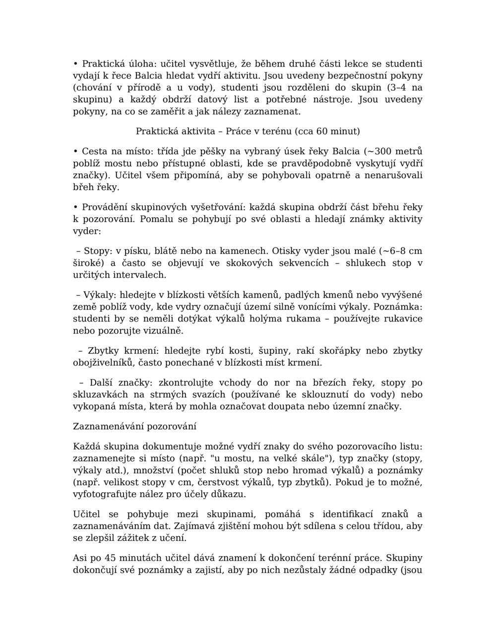 Plán lekce pro monitorování vyder v řece Balcia_1