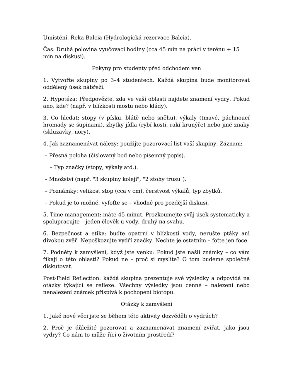 Plán lekce pro monitorování vyder v řece Balcia_4