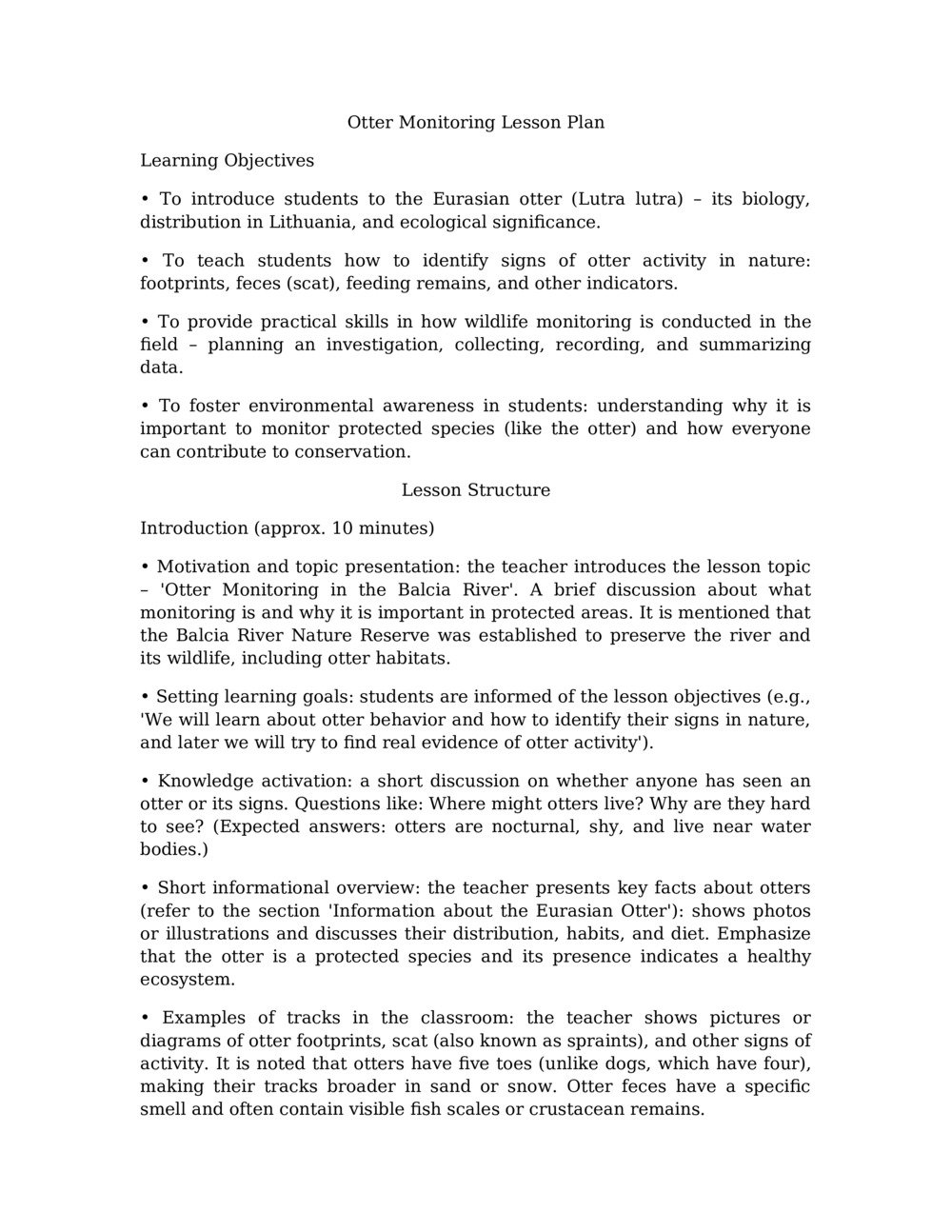 Lesson Plan for Otter Monitoring in the Balcia River_0