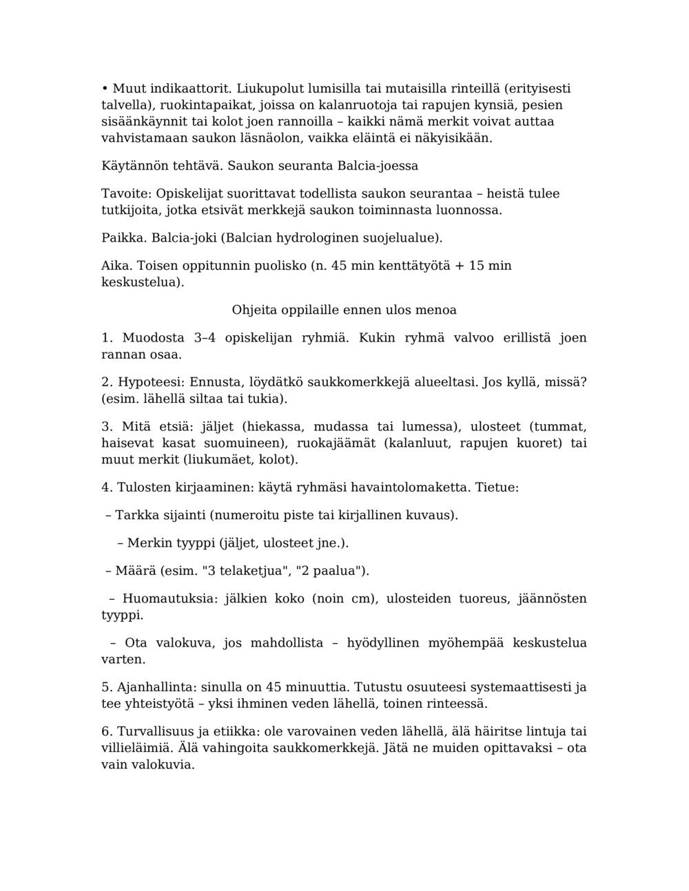 Tuntisuunnitelma saukkojen seurantaan Balcian River_4