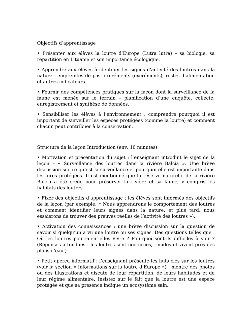 Plan de leçon pour la surveillance des loutres dans la rivière Balcia_0