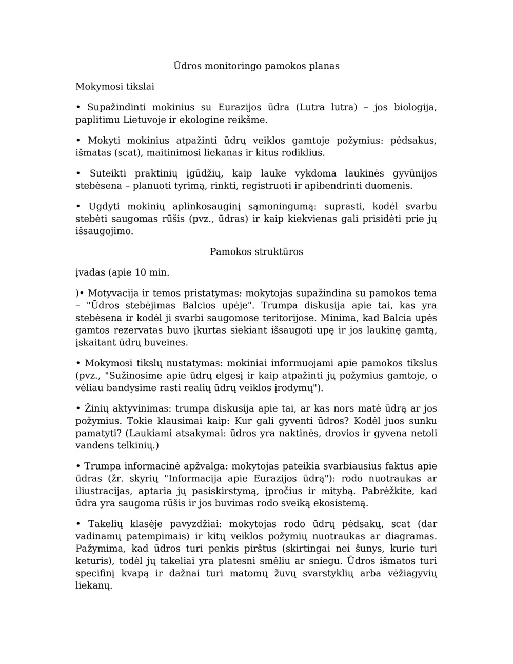 Ūdros stebėjimo Balcia upėje pamokų planas_0