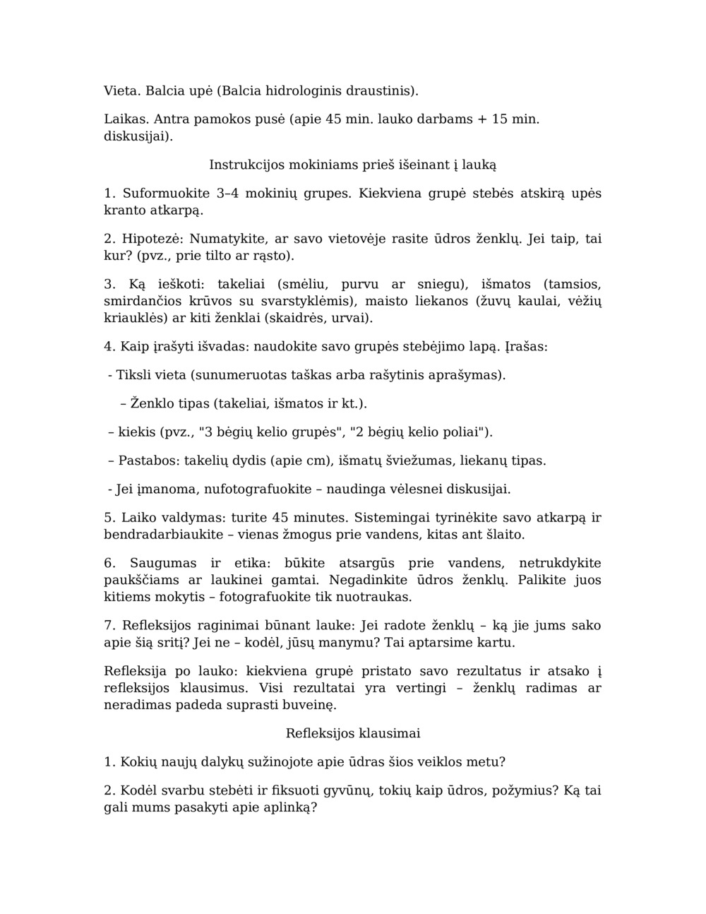 Ūdros stebėjimo pamokų planas Balcia River_4