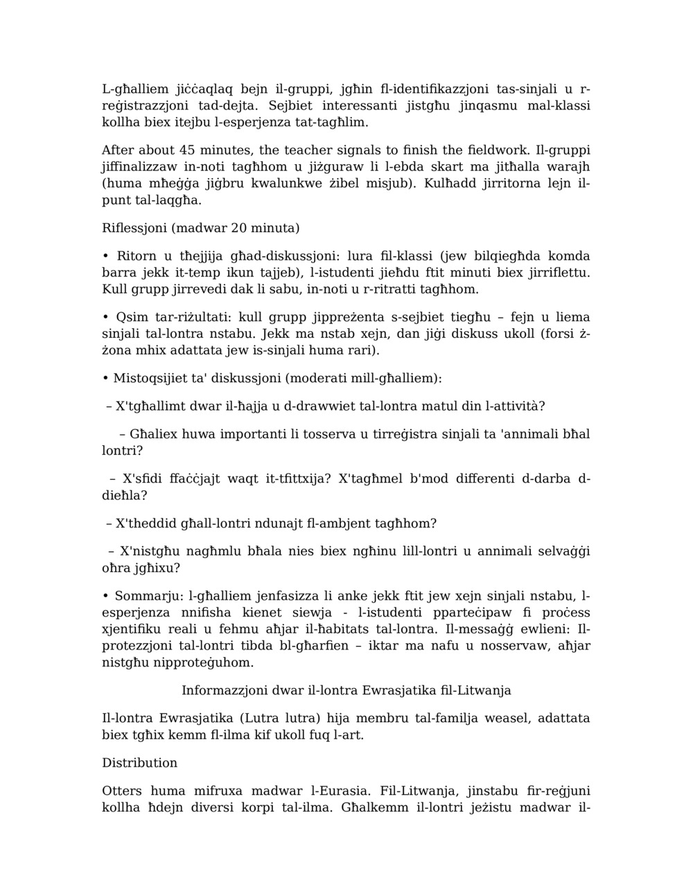 Pjan ta' Lezzjoni għall-Monitoraġġ tal-Lontra fix-Xmara Balcia_2