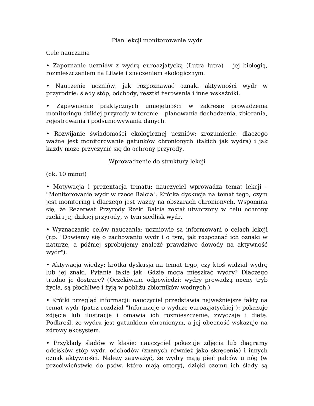 Plan lekcji monitorowania wydr w rzece Balcia_0