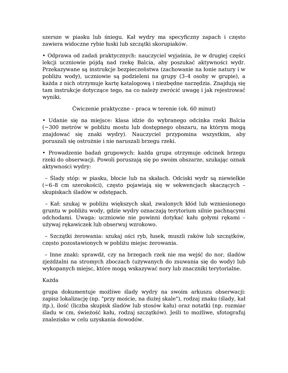 Plan lekcji monitorowania wydr w rzece Balcia_1