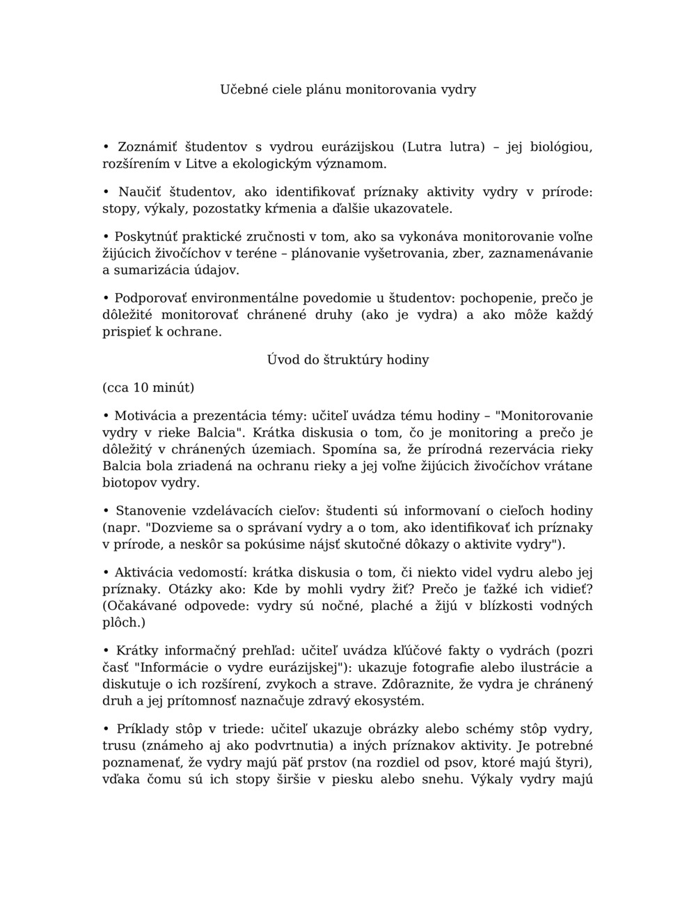 Plán lekcií pre monitorovanie vydry v rieke Balcia_0