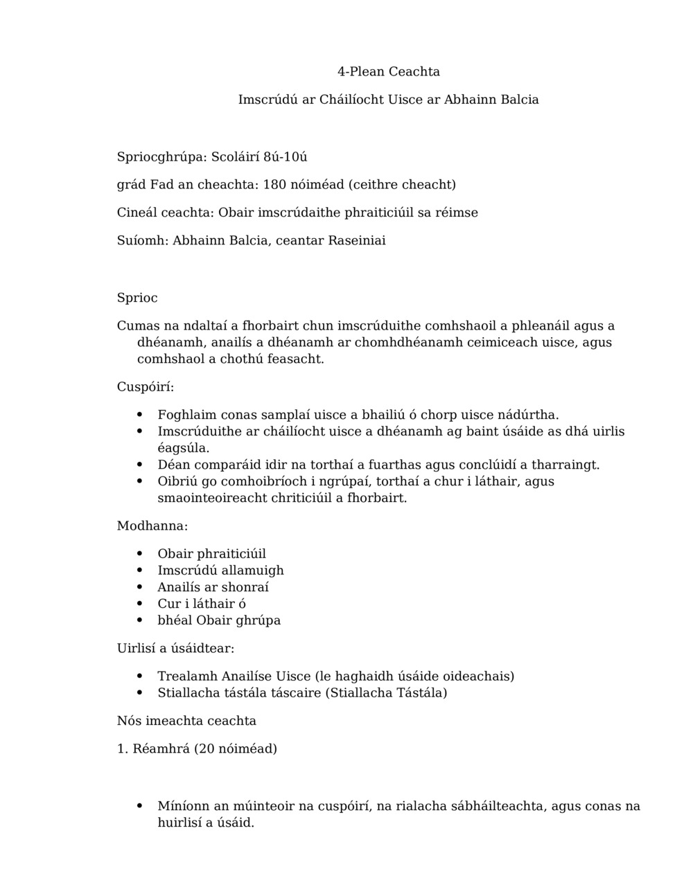 Ceacht um Imscrúdú ar Cháilíocht Uisce_0