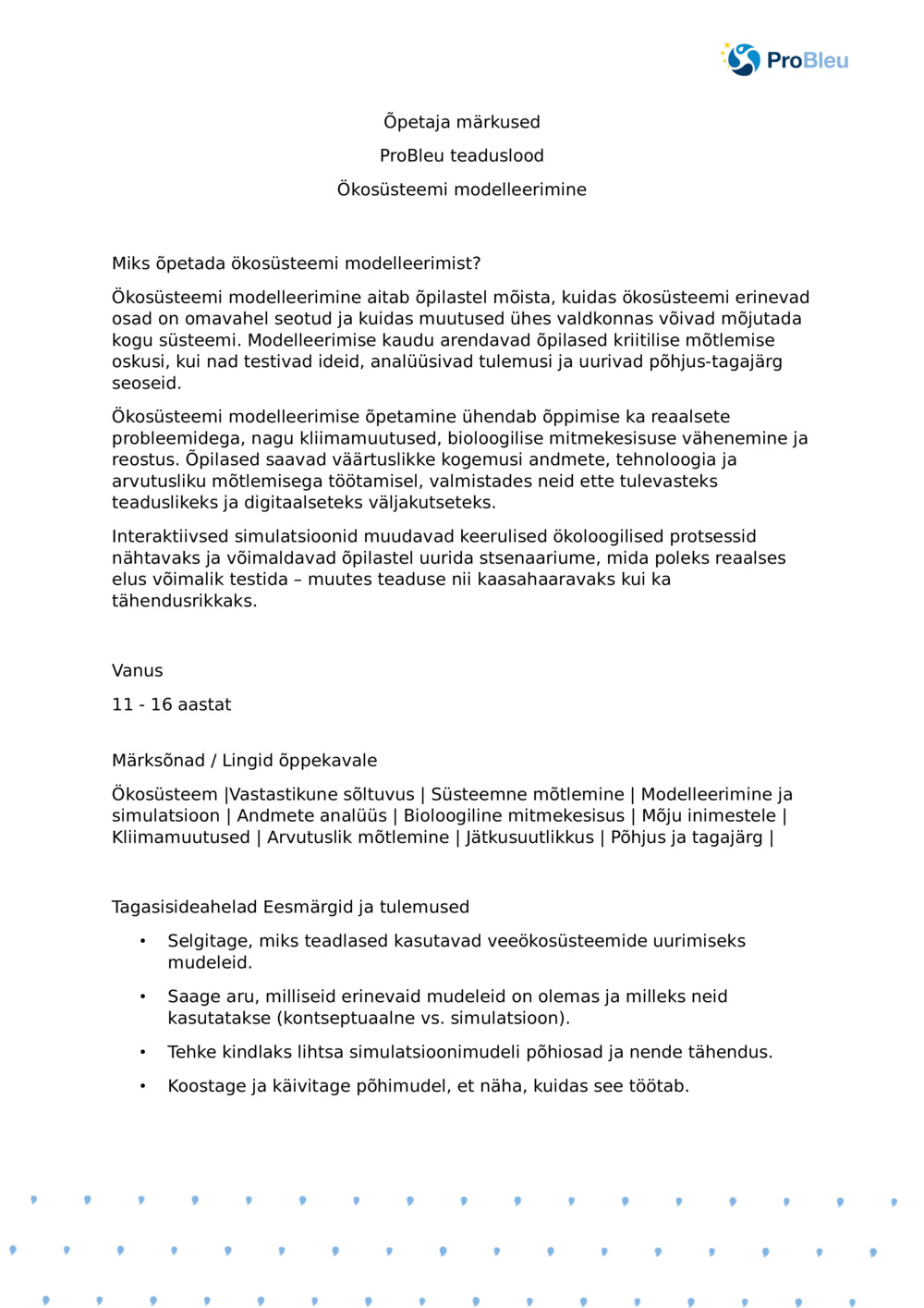 Õpetaja märkused: Ökosüsteemi modelleerimine planktoni Ecologist_ProBleu teaduslooga