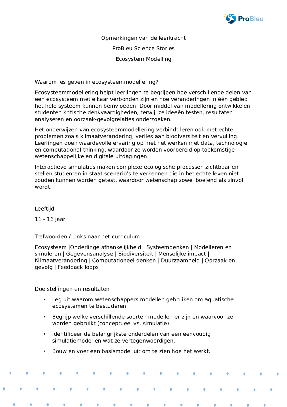 Opmerkingen van de leraar: Ecosysteemmodellering met een plankton Ecologist_ProBleu wetenschappelijk verhaal