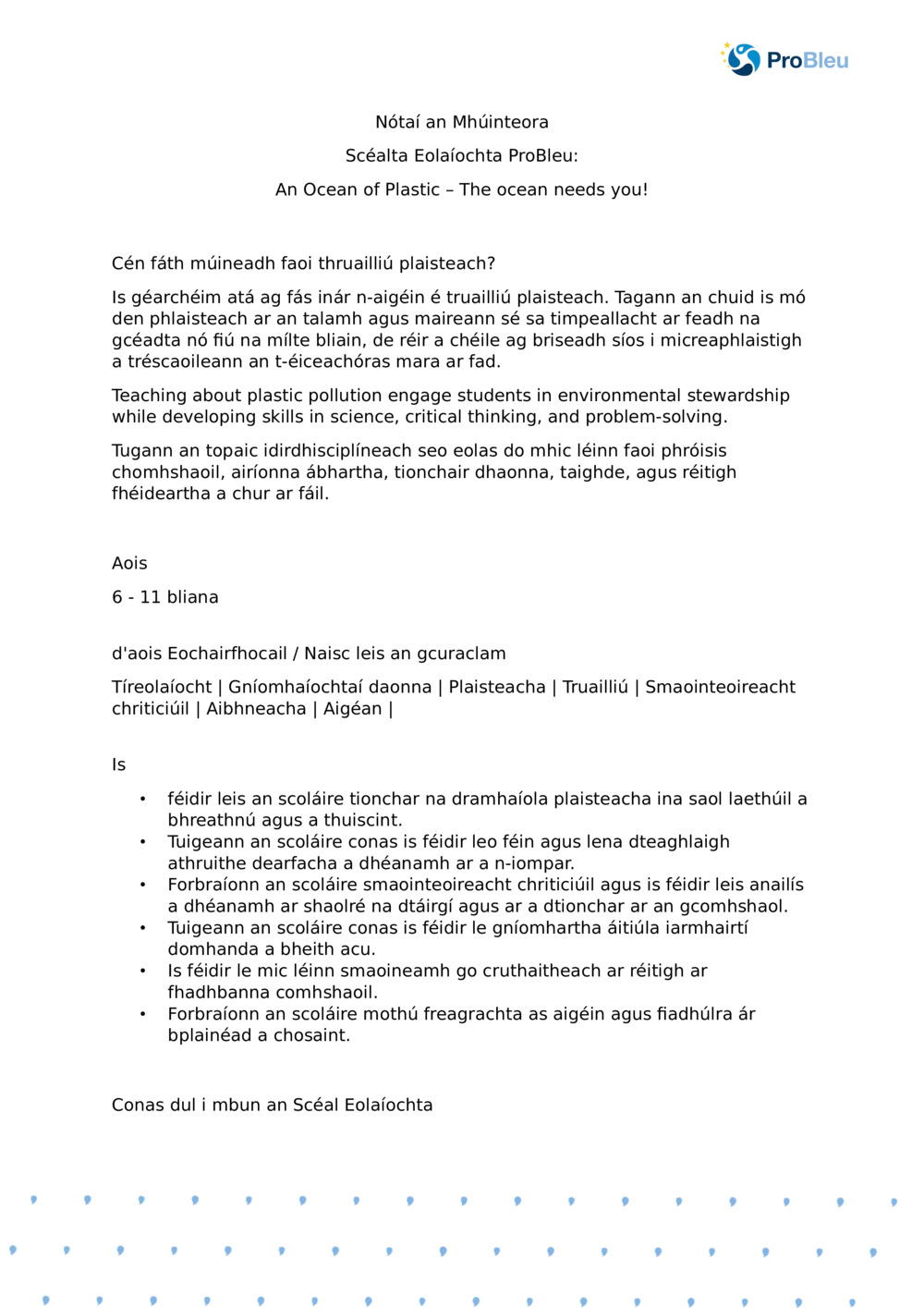 Nótaí an Mhúinteora: An Ocean of Plastic: The Ocean needs you_ProBleu Science Story