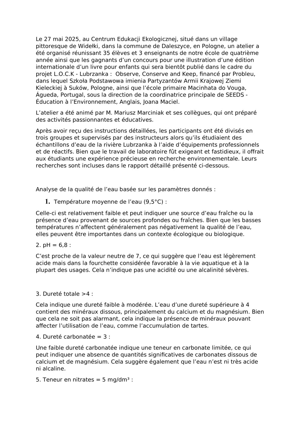 Rapport sur la rivière Lubrzanka