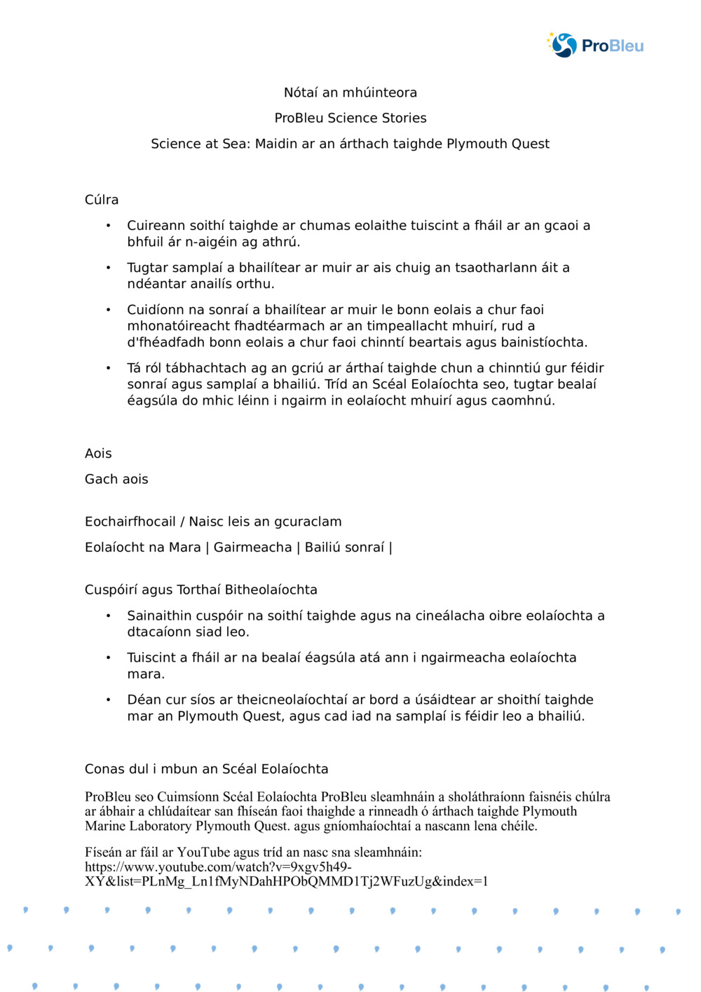 Eolaíocht ar Muir: Maidin ar an árthach taighde Plymouth Quest_ Nótaí an Mhúinteora_0