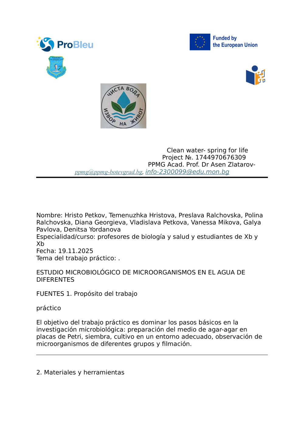 Informe - EXAMEN MICROBIOLÓGICO DE MICROORGANISMOS EN AGUA DE DIVERSAS FUENTES
