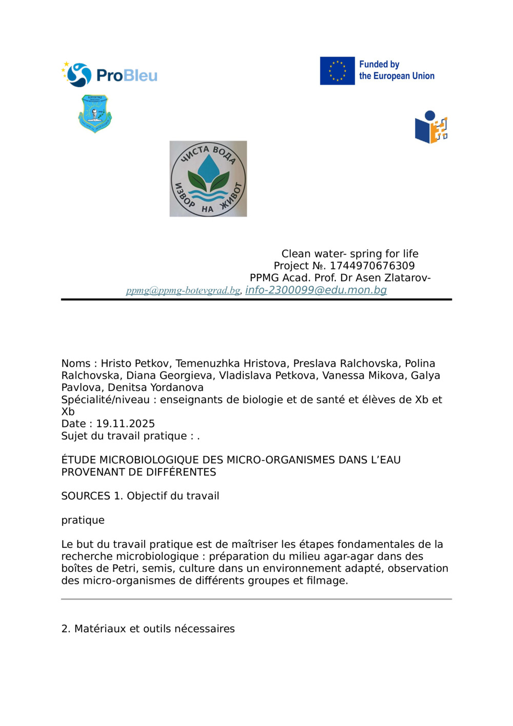 Rapport - EXAMEN MICROBIOLOGIQUE DES MICRO-ORGANISMES DANS L’EAU PROVENANT DE DIVERSES SOURCES