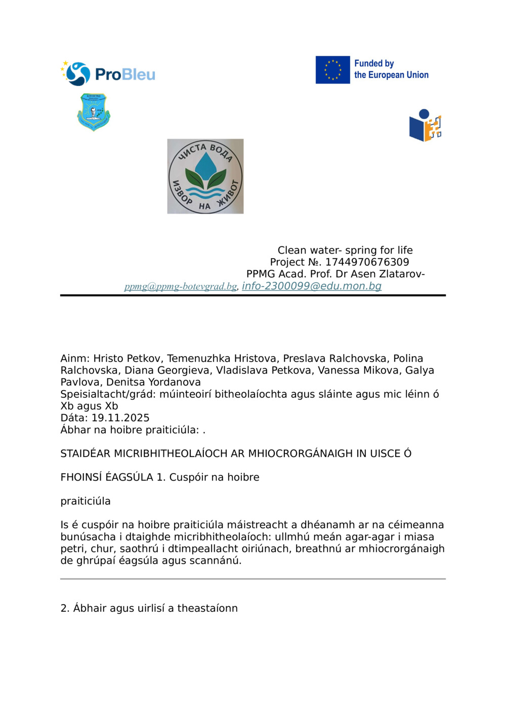 Tuarascáil - SCRÚDÚ MICRIBHITHEOLAÍOCH AR MHIOCRORGÁNAIGH IN UISCE Ó FHOINSÍ ÉAGSÚLA_0