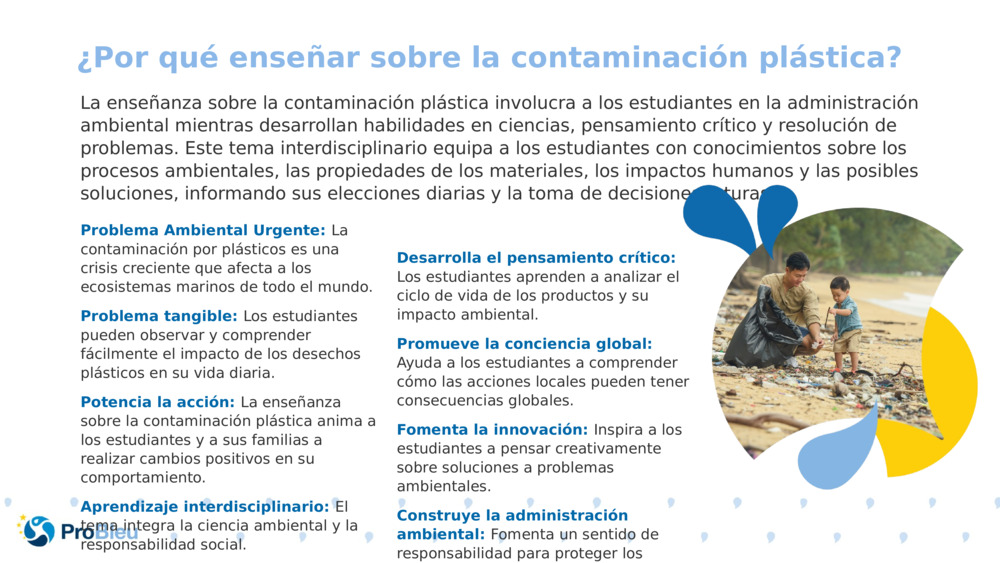 La enseñanza sobre la contaminación plástica involucra a los estudiantes en la administración ambiental mientras desarrollan habilidades en ciencias, pensamiento crítico y resolución de problemas. Este tema interdisciplinario equipa a los estudiantes con conocimientos sobre los procesos ambientales, las propiedades de los materiales, los impactos humanos y las posibles soluciones, informando sus elecciones diarias y la toma de decisiones futuras.