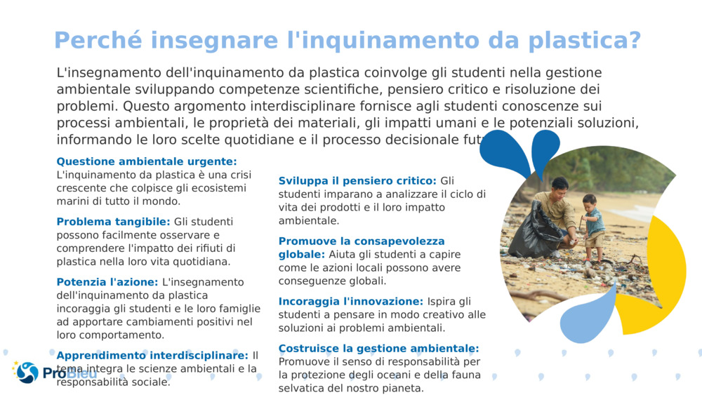 L'insegnamento dell'inquinamento da plastica coinvolge gli studenti nella gestione ambientale sviluppando competenze scientifiche, pensiero critico e risoluzione dei problemi. Questo argomento interdisciplinare fornisce agli studenti conoscenze sui processi ambientali, le proprietà dei materiali, gli impatti umani e le potenziali soluzioni, informando le loro scelte quotidiane e il processo decisionale futuro.