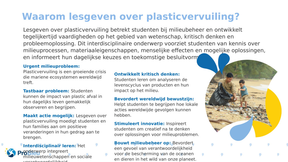 Lesgeven over plasticvervuiling betrekt studenten bij milieubeheer en ontwikkelt tegelijkertijd vaardigheden op het gebied van wetenschap, kritisch denken en probleemoplossing. Dit interdisciplinaire onderwerp voorziet studenten van kennis over milieuprocessen, materiaaleigenschappen, menselijke effecten en mogelijke oplossingen, en informeert hun dagelijkse keuzes en toekomstige besluitvorming.