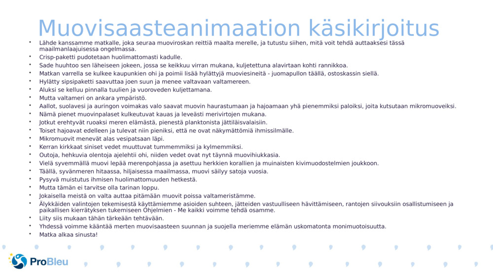 Muovisaasteanimaation käsikirjoitus