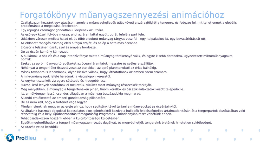 Forgatókönyv műanyagszennyezési animációhoz