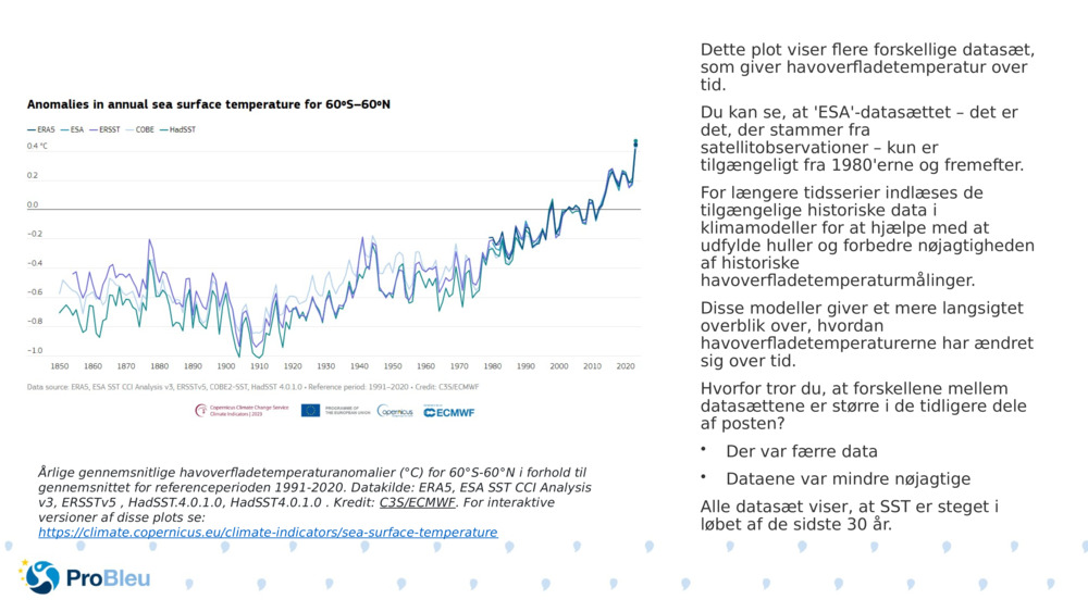 Dette plot viser flere forskellige datasæt, som giver havoverfladetemperatur over tid.