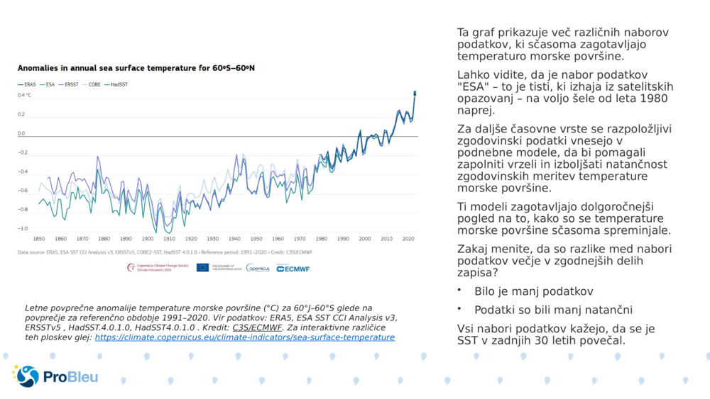 Ta graf prikazuje več različnih naborov podatkov, ki sčasoma zagotavljajo temperaturo morske površine.