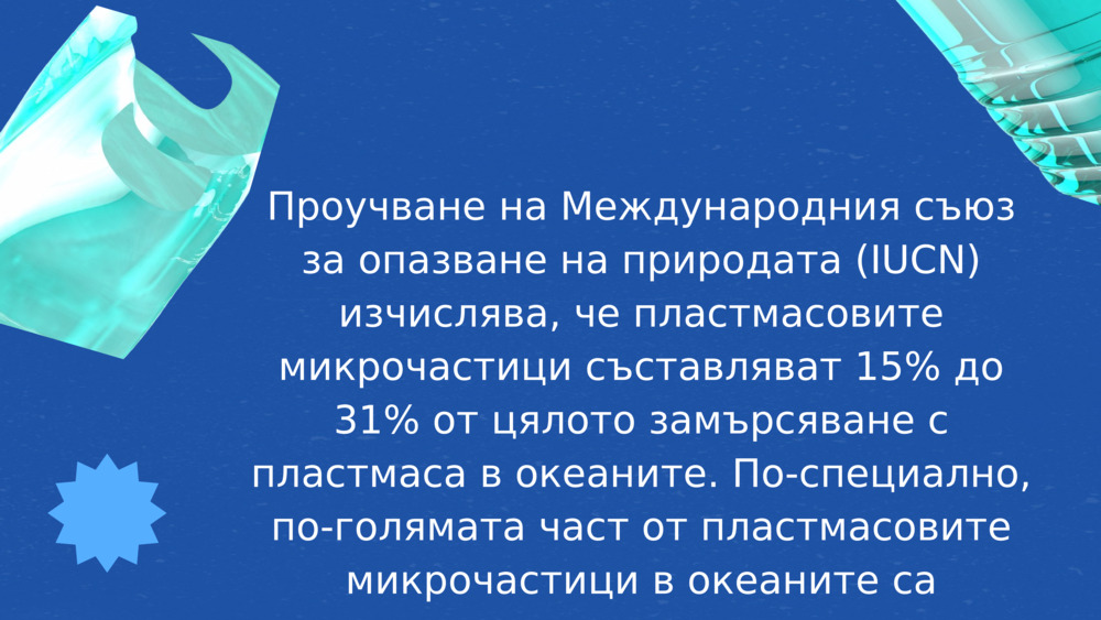 Проучване на Международния съюз за опазване на природата (IUCN) изчислява, че пластмасовите микрочастици съставляват 15% до 31% от цялото замърсяване с пластмаса в океаните. По-специално, по-голямата част от пластмасовите микрочастици в океаните са вторични, произхождащи от разграждането на по-големи предмети като пластмасови бутилки и рибарски мрежи.