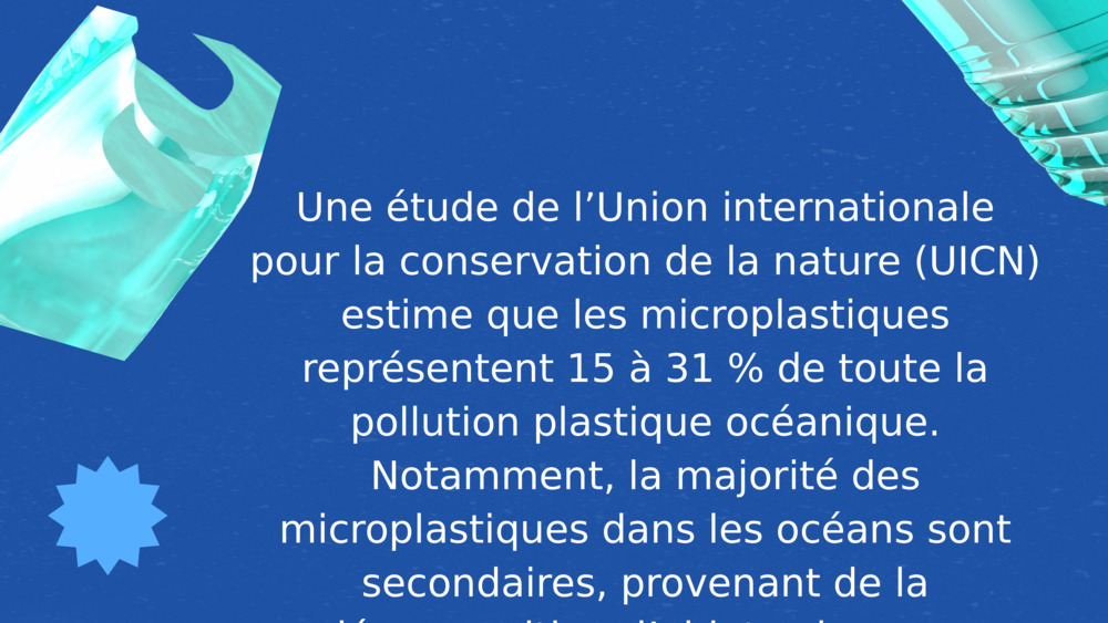 Une étude de l’Union internationale pour la conservation de la nature (UICN) estime que les microplastiques représentent 15 à 31 % de toute la pollution plastique océanique. Notamment, la majorité des microplastiques dans les océans sont secondaires, provenant de la décomposition d’objets plus gros comme les bouteilles en plastique et les filets de pêche.