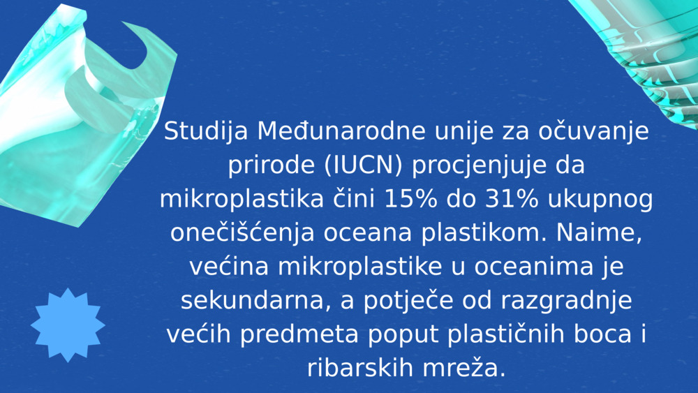 Studija Međunarodne unije za očuvanje prirode (IUCN) procjenjuje da mikroplastika čini 15% do 31% ukupnog onečišćenja oceana plastikom. Naime, većina mikroplastike u oceanima je sekundarna, a potječe od razgradnje većih predmeta poput plastičnih boca i ribarskih mreža.