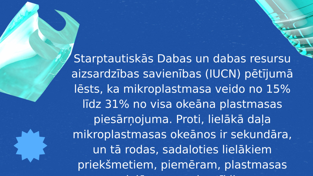 Starptautiskās Dabas un dabas resursu aizsardzības savienības (IUCN) pētījumā lēsts, ka mikroplastmasa veido no 15% līdz 31% no visa okeāna plastmasas piesārņojuma. Proti, lielākā daļa mikroplastmasas okeānos ir sekundāra, un tā rodas, sadaloties lielākiem priekšmetiem, piemēram, plastmasas pudelēm un zvejas tīkliem.