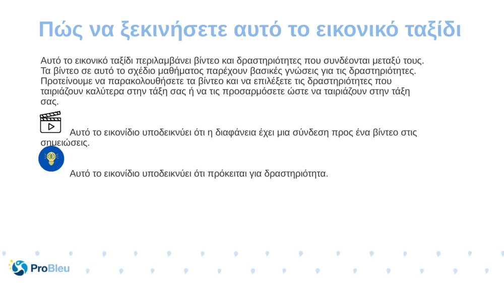 Αυτό το εικονικό ταξίδι περιλαμβάνει βίντεο και δραστηριότητες που συνδέονται μεταξύ τους. Τα βίντεο σε αυτό το σχέδιο μαθήματος παρέχουν βασικές γνώσεις για τις δραστηριότητες. Προτείνουμε να παρακολουθήσετε τα βίντεο και να επιλέξετε τις δραστηριότητες που ταιριάζουν καλύτερα στην τάξη σας ή να τις προσαρμόσετε ώστε να ταιριάζουν στην τάξη σας.