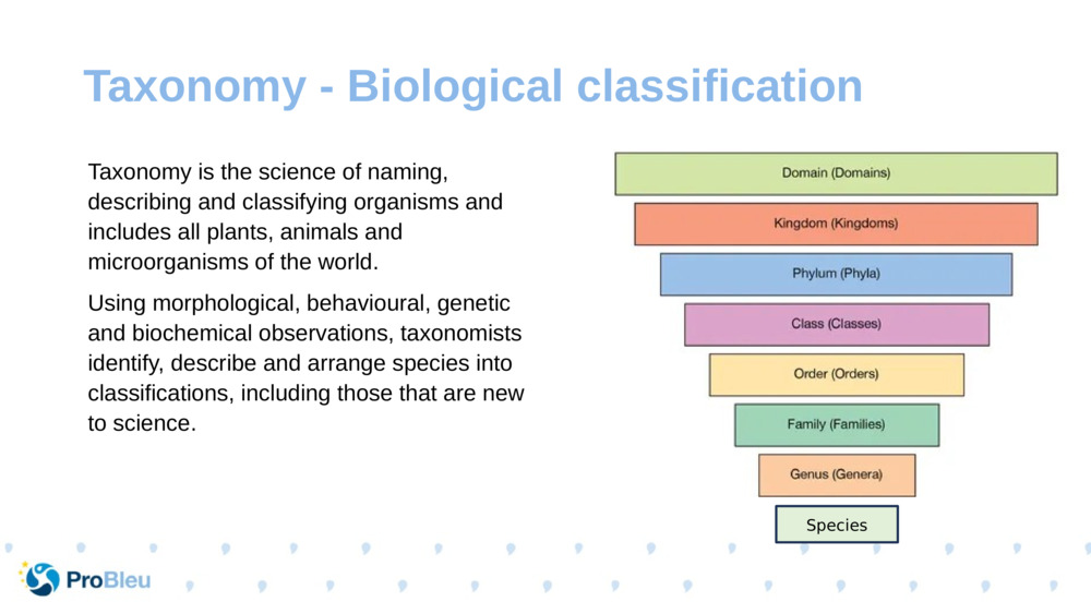 Taxonomy is the science of naming, describing and classifying organisms and includes all plants, animals and microorganisms of the world.