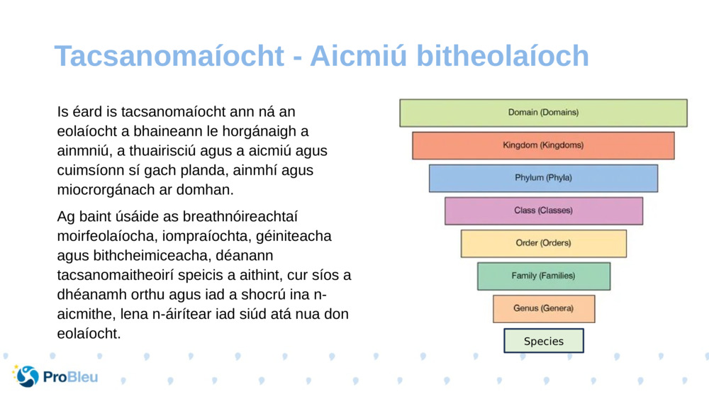 Is éard is tacsanomaíocht ann ná an eolaíocht a bhaineann le horgánaigh a ainmniú, a thuairisciú agus a aicmiú agus cuimsíonn sí gach planda, ainmhí agus miocrorgánach ar domhan.