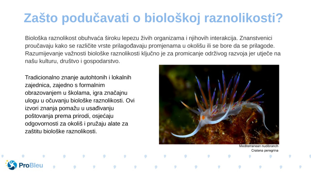 Biološka raznolikost obuhvaća široku lepezu živih organizama i njihovih interakcija. Znanstvenici proučavaju kako se različite vrste prilagođavaju promjenama u okolišu ili se bore da se prilagode. Razumijevanje važnosti biološke raznolikosti ključno je za promicanje održivog razvoja jer utječe na našu kulturu, društvo i gospodarstvo.