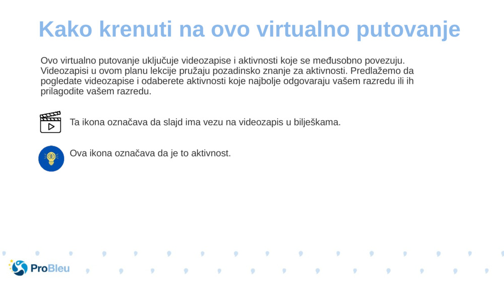 Ovo virtualno putovanje uključuje videozapise i aktivnosti koje se međusobno povezuju. Videozapisi u ovom planu lekcije pružaju pozadinsko znanje za aktivnosti. Predlažemo da pogledate videozapise i odaberete aktivnosti koje najbolje odgovaraju vašem razredu ili ih prilagodite vašem razredu.