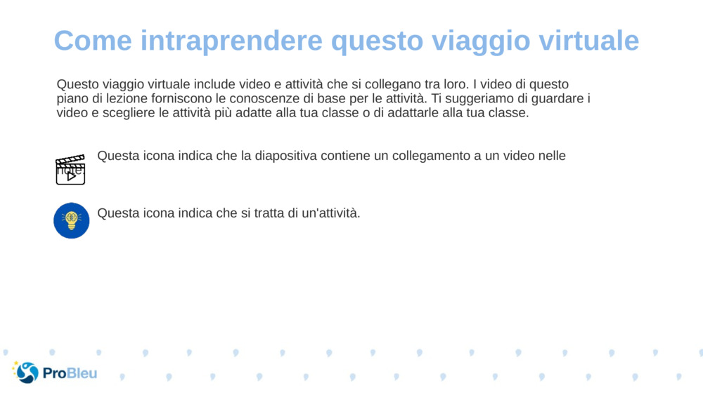 Questo viaggio virtuale include video e attività che si collegano tra loro. I video di questo piano di lezione forniscono le conoscenze di base per le attività. Ti suggeriamo di guardare i video e scegliere le attività più adatte alla tua classe o di adattarle alla tua classe.