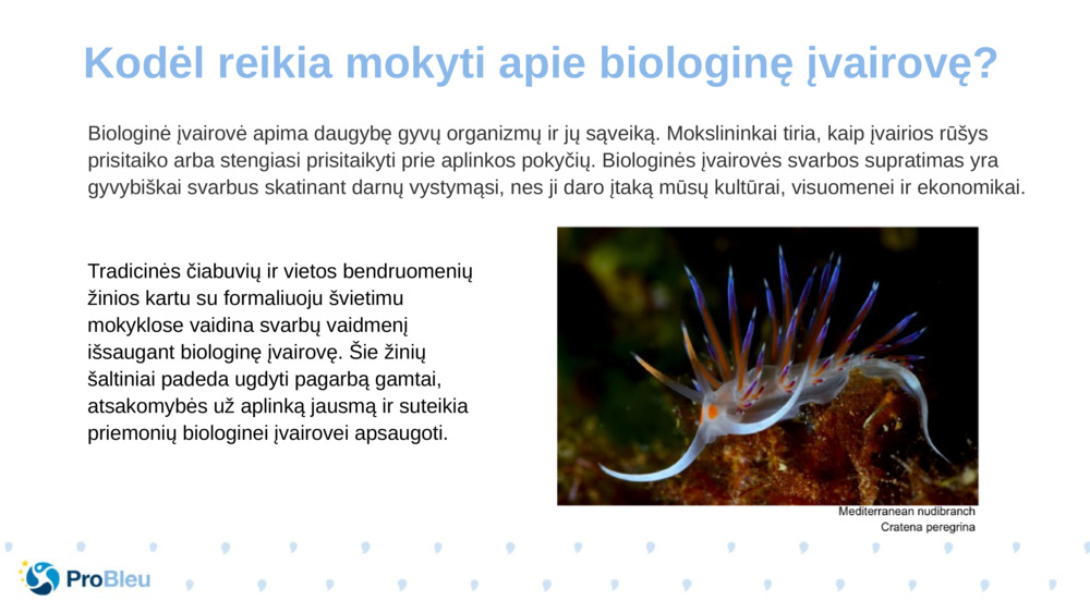 Biologinė įvairovė apima daugybę gyvų organizmų ir jų sąveiką. Mokslininkai tiria, kaip įvairios rūšys prisitaiko arba stengiasi prisitaikyti prie aplinkos pokyčių. Biologinės įvairovės svarbos supratimas yra gyvybiškai svarbus skatinant darnų vystymąsi, nes ji daro įtaką mūsų kultūrai, visuomenei ir ekonomikai.