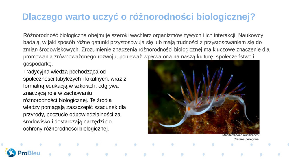 Różnorodność biologiczna obejmuje szeroki wachlarz organizmów żywych i ich interakcji. Naukowcy badają, w jaki sposób różne gatunki przystosowują się lub mają trudności z przystosowaniem się do zmian środowiskowych. Zrozumienie znaczenia różnorodności biologicznej ma kluczowe znaczenie dla promowania zrównoważonego rozwoju, ponieważ wpływa ona na naszą kulturę, społeczeństwo i gospodarkę.