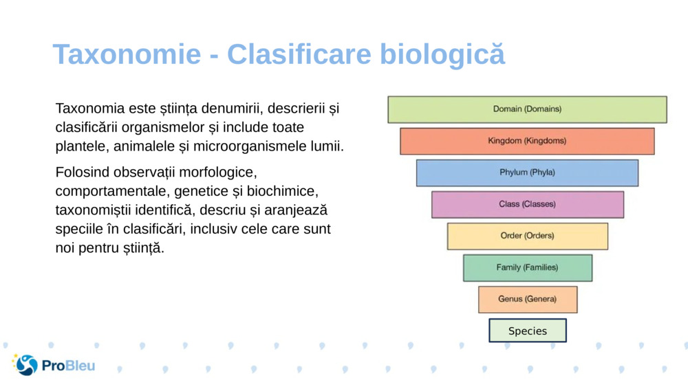 Taxonomia este știința denumirii, descrierii și clasificării organismelor și include toate plantele, animalele și microorganismele lumii.