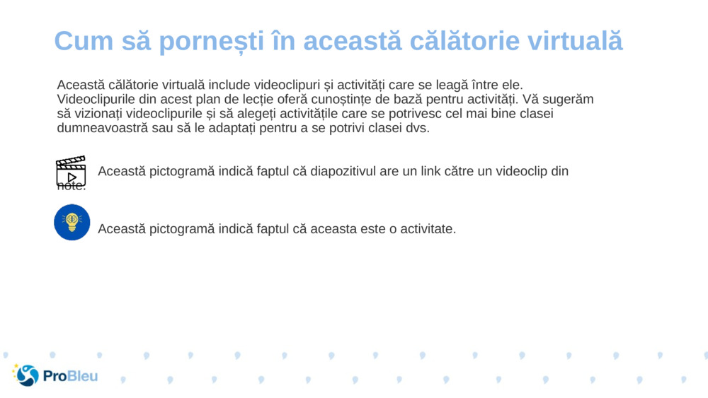 Această călătorie virtuală include videoclipuri și activități care se leagă între ele. Videoclipurile din acest plan de lecție oferă cunoștințe de bază pentru activități. Vă sugerăm să vizionați videoclipurile și să alegeți activitățile care se potrivesc cel mai bine clasei dumneavoastră sau să le adaptați pentru a se potrivi clasei dvs.