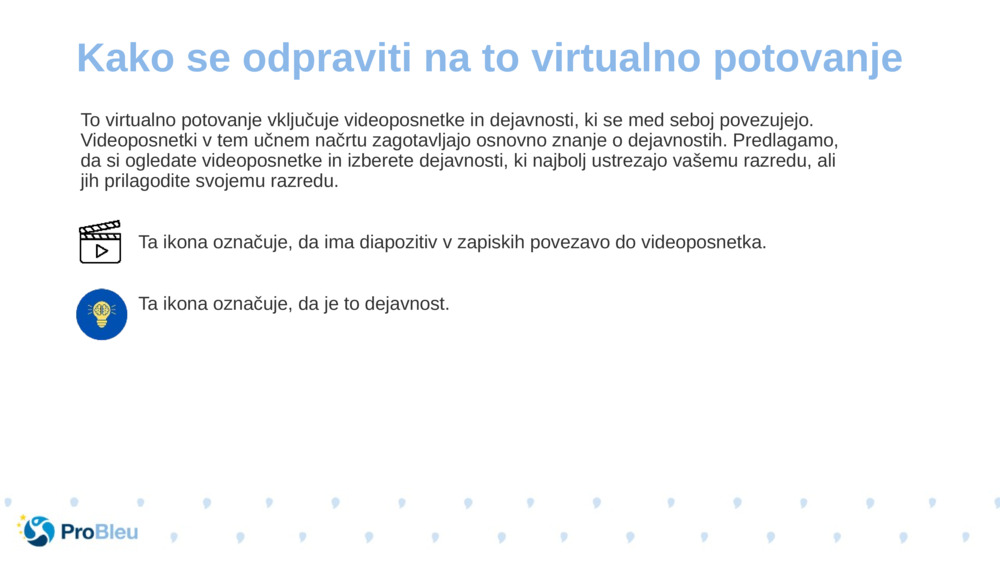 To virtualno potovanje vključuje videoposnetke in dejavnosti, ki se med seboj povezujejo. Videoposnetki v tem učnem načrtu zagotavljajo osnovno znanje o dejavnostih. Predlagamo, da si ogledate videoposnetke in izberete dejavnosti, ki najbolj ustrezajo vašemu razredu, ali jih prilagodite svojemu razredu.