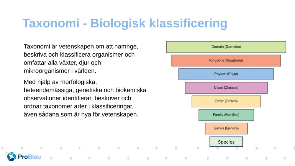 Taxonomi är vetenskapen om att namnge, beskriva och klassificera organismer och omfattar alla växter, djur och mikroorganismer i världen.