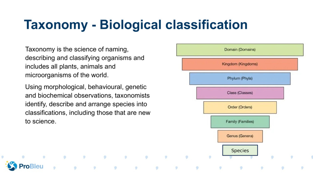 Taxonomy is the science of naming, describing and classifying organisms and includes all plants, animals and microorganisms of the world.