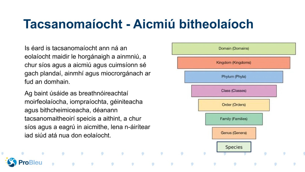 Is éard is tacsanomaíocht ann ná an eolaíocht maidir le horgánaigh a ainmniú, a chur síos agus a aicmiú agus cuimsíonn sé gach plandaí, ainmhí agus miocrorgánach ar fud an domhain.
