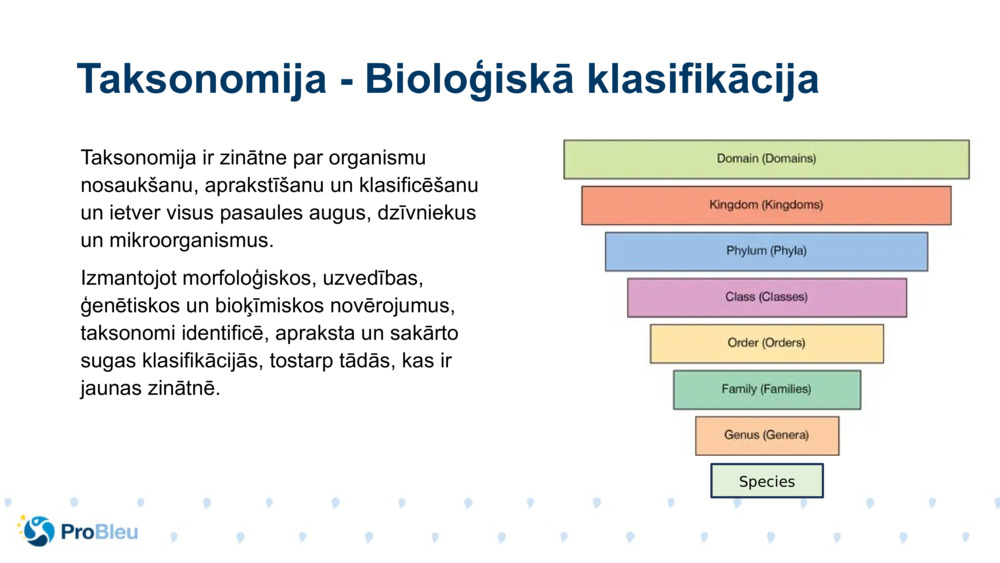 Taksonomija ir zinātne par organismu nosaukšanu, aprakstīšanu un klasificēšanu un ietver visus pasaules augus, dzīvniekus un mikroorganismus.