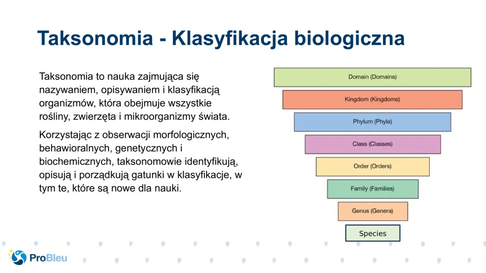 Taksonomia to nauka zajmująca się nazywaniem, opisywaniem i klasyfikacją organizmów, która obejmuje wszystkie rośliny, zwierzęta i mikroorganizmy świata.