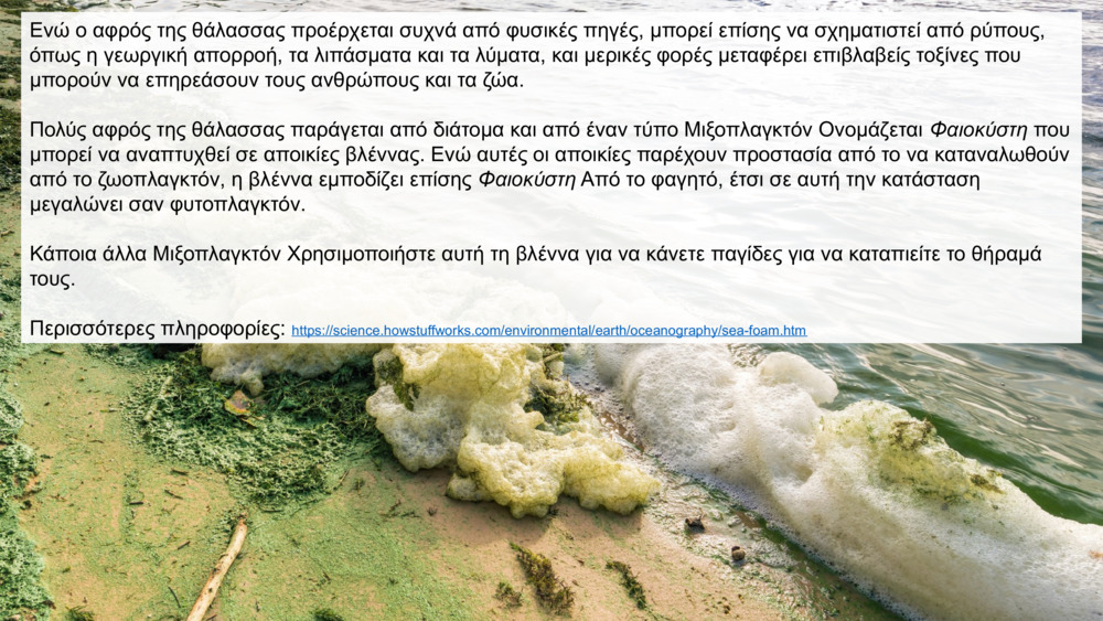 Ενώ ο αφρός της θάλασσας προέρχεται συχνά από φυσικές πηγές, μπορεί επίσης να σχηματιστεί από ρύπους, όπως η γεωργική απορροή, τα λιπάσματα και τα λύματα, και μερικές φορές μεταφέρει επιβλαβείς τοξίνες που μπορούν να επηρεάσουν τους ανθρώπους και τα ζώα.